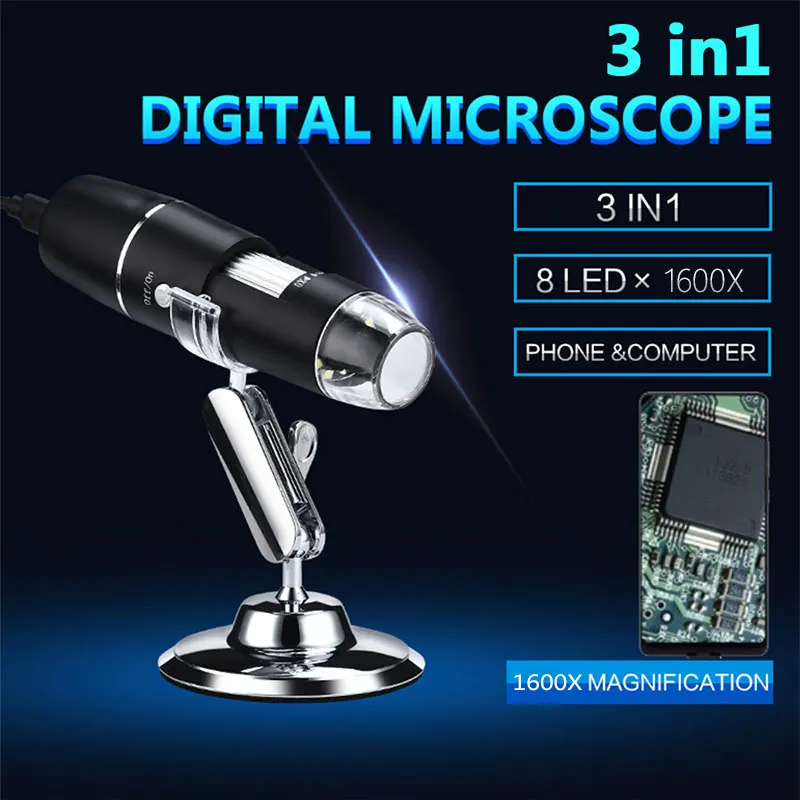 3 V 1 Novo Prenosni HD 1600X 2MP Zoom Mikroskop, 8 LED, Micro USB Tip-c Digitalni Ročno Lupo Endoskop Fotoaparat