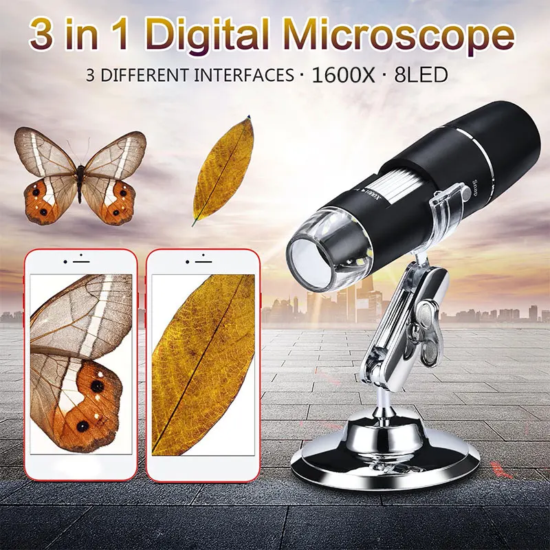 3 V 1 Novo Prenosni HD 1600X 2MP Zoom Mikroskop, 8 LED, Micro USB Tip-c Digitalni Ročno Lupo Endoskop Fotoaparat