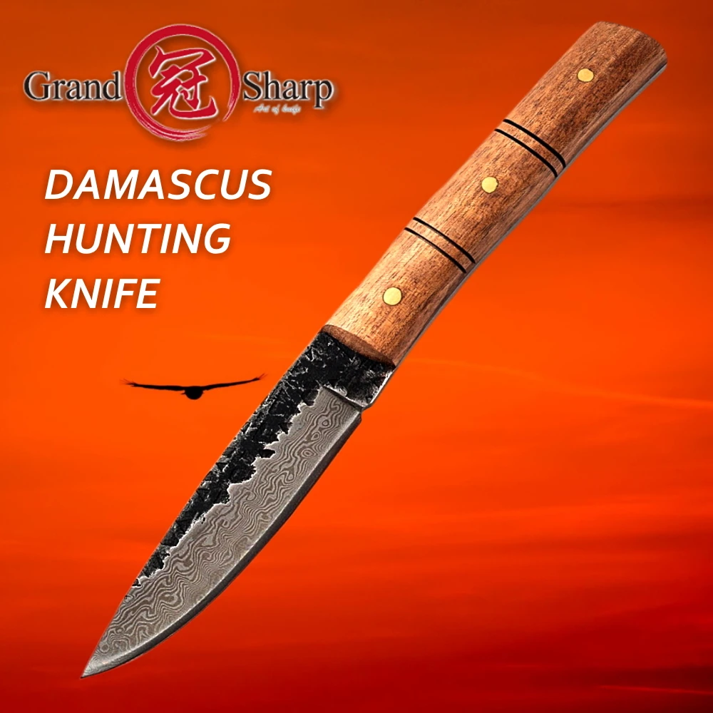 Damask Lovski Nož Ročno Kovane Outdoor Oprema Ročno Žepni Nož Za Preživetje Naravnost Nož Fiksno Rezilo Palisander Ročaj