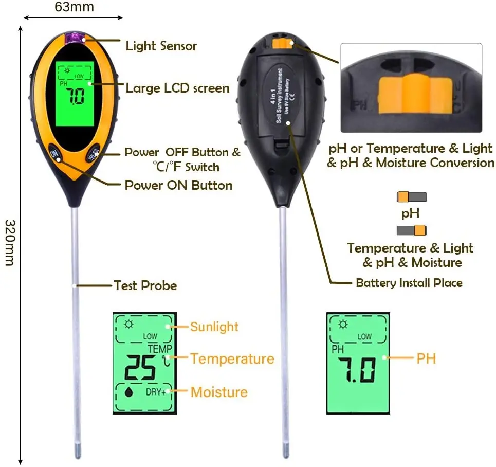 Tla pH Tester, 3 in 4 v 1 PH Svetlobe, Vlage, sredstvo za uravnavanje Kislosti Tester Tal Tester Vlage Meter Rastlin, Tal Tester Komplet za Rože