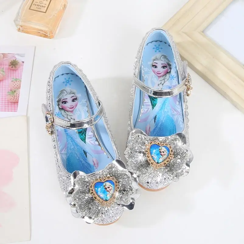 Disney dekleta sandali poletje novo otrok je kristalno visoko peto zamrznjene princesa čevlji deklica lok čevlji elsa stranka šola