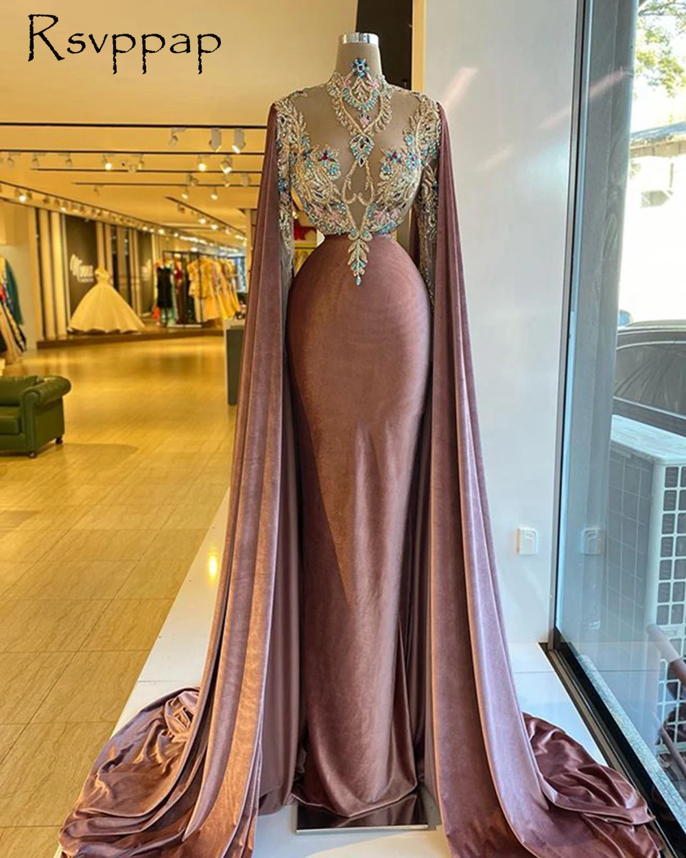 Dolge Večerne Obleke 2020 Elegantno Visoko Vratu Dolg Rokav Luksuzni Beaded Naravnost Dubaj Ženske Žamet Formalno Večernih Oblek