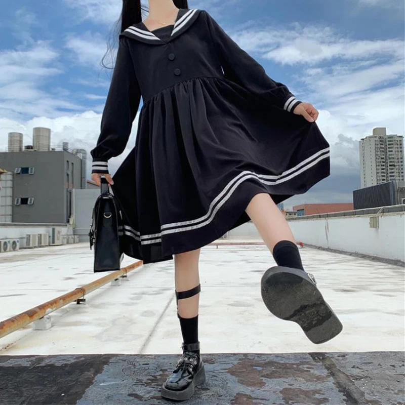 Ženske obleke Jeseni Japonski Temno Slog Mornarice Ovratnik, Dolgi Rokavi Sladko Lok Visoko Pasu Nabrano JK Mornar Obleko Dekle Šoli Enotna