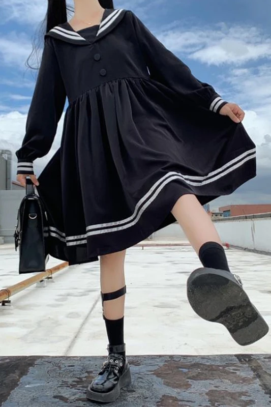 Ženske obleke Jeseni Japonski Temno Slog Mornarice Ovratnik, Dolgi Rokavi Sladko Lok Visoko Pasu Nabrano JK Mornar Obleko Dekle Šoli Enotna