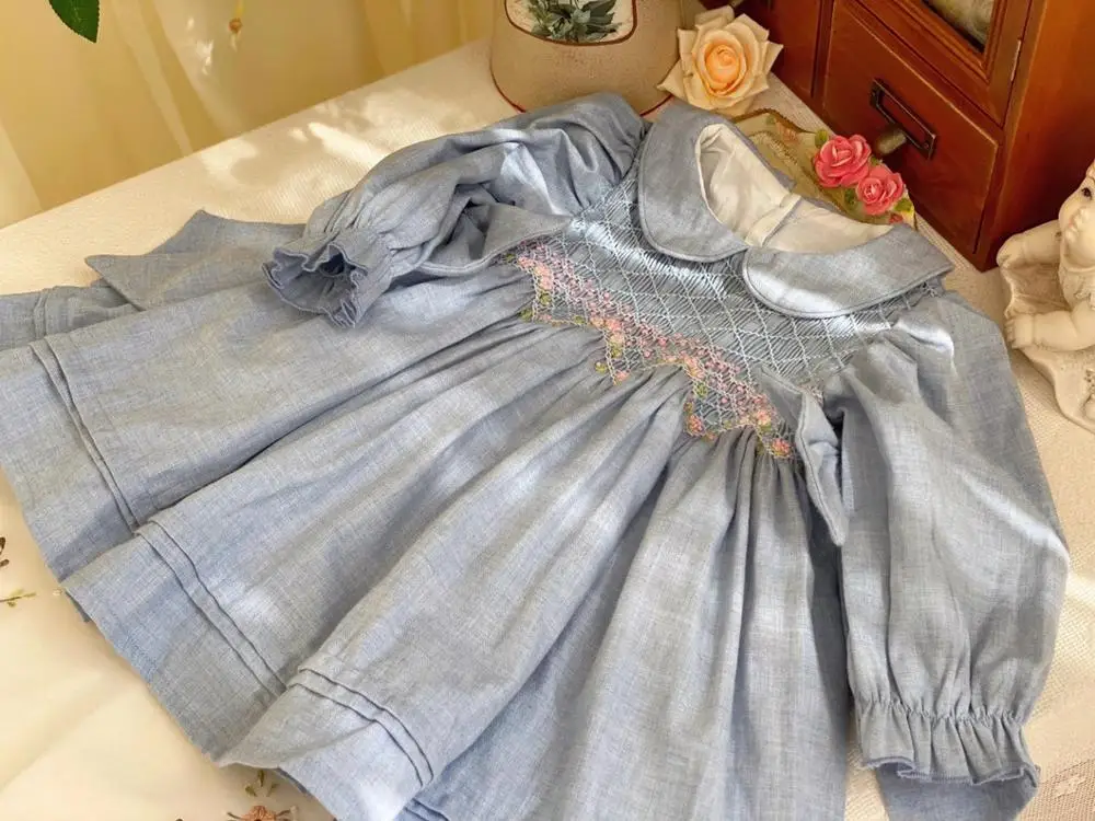 Deklica Smocking Obleke Obleko Nastavite 2020 Jeseni Baby Dekleta Z Dolgimi Rokavi Vezenje Smocked Obleko Za Stranko Rojstni Dan Vestidos