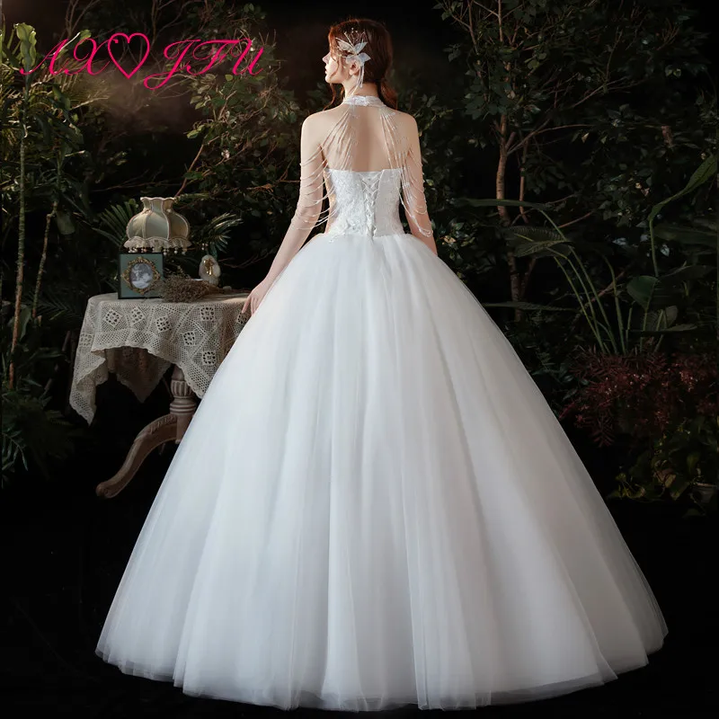 AXJFU princesa bele čipke poročno obleko stranka letnik povodcem brez rokavov beading kristal rose cvet bleščeča bela poročna obleka