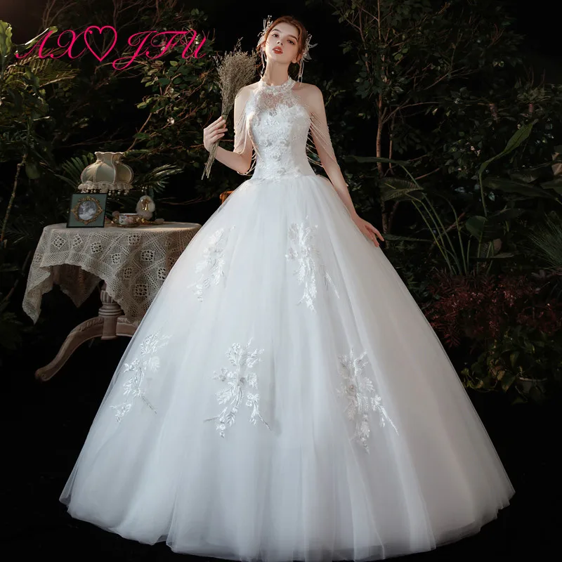 AXJFU princesa bele čipke poročno obleko stranka letnik povodcem brez rokavov beading kristal rose cvet bleščeča bela poročna obleka