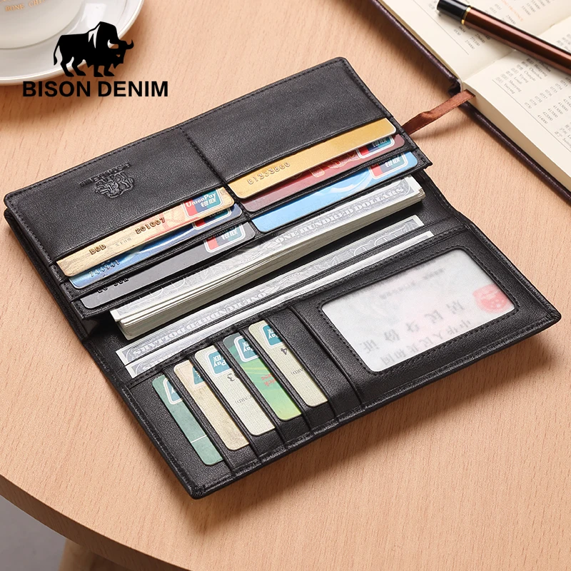 BISON DENIM moda pravega usnja moške denarnice dolgo slim bifold denarnice poslovni moški kartico sim torbici