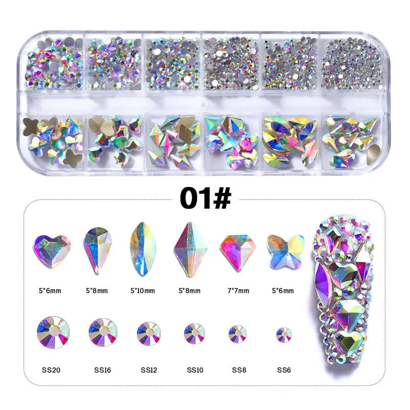 12 Mreže Multi-velikost Kristali AB Diamanti 3D Nohte Art Okrasnih Bleščice Kristali DIY Ne sprotni Popravek kamni Dekor Strass Nohtov Orodje