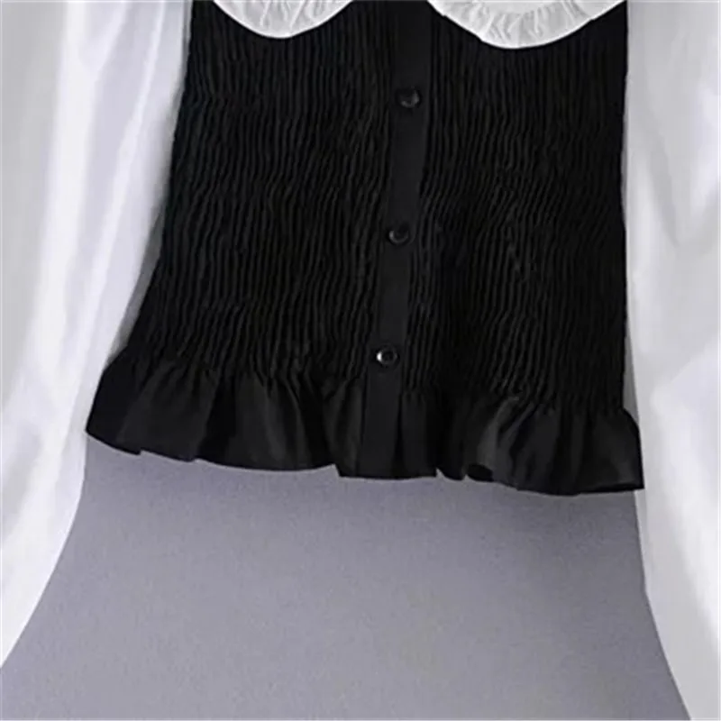 Za Leto 2020 Ženska Majica Fashion Črno Bel Mozaik Vrh Ženske Korejski Priložnostne Gumb Gor Majico Elastična Srčkan Ruffle Slim Ženska Tunika