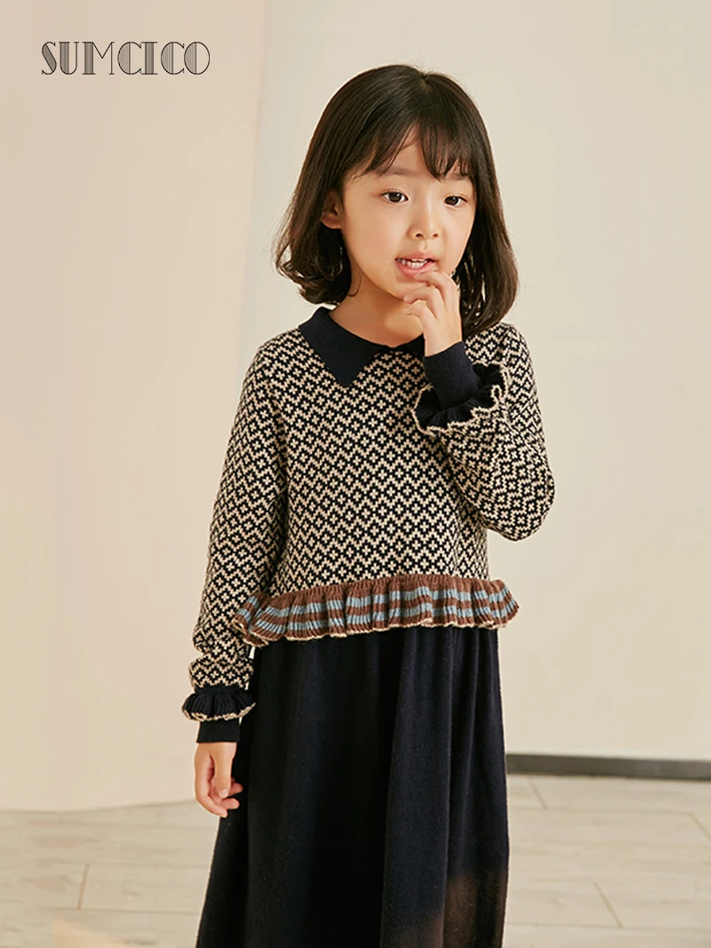 Sumcico 2020 Najnovejše Dekle je Volna, Bombaž Ruffle Geometrijski Vzorec Vintage Stil Oblačenja Otroka Mehko Pleteno Obleko Daywear Starost 2-14Y