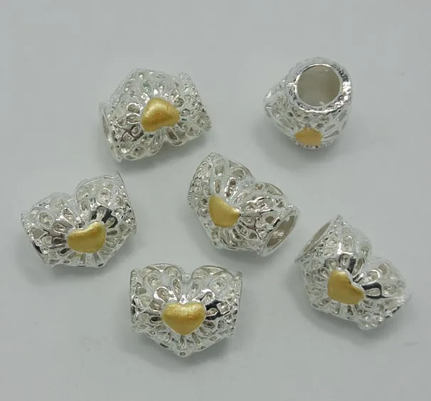 Brezplačna Dostava 50pcs zlato olje-drip big hole silver plated zlitine srce kroglice fit Evropske charms zapestnico DIY