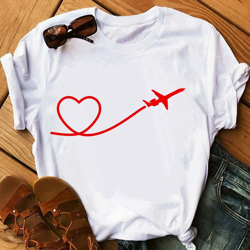 Tshirt srčkan letalo letalec s srcem tiskanja grafika majice s kratkimi rokavi ženske tees goth vrhovi majica ženska oblačila estetska oblačila