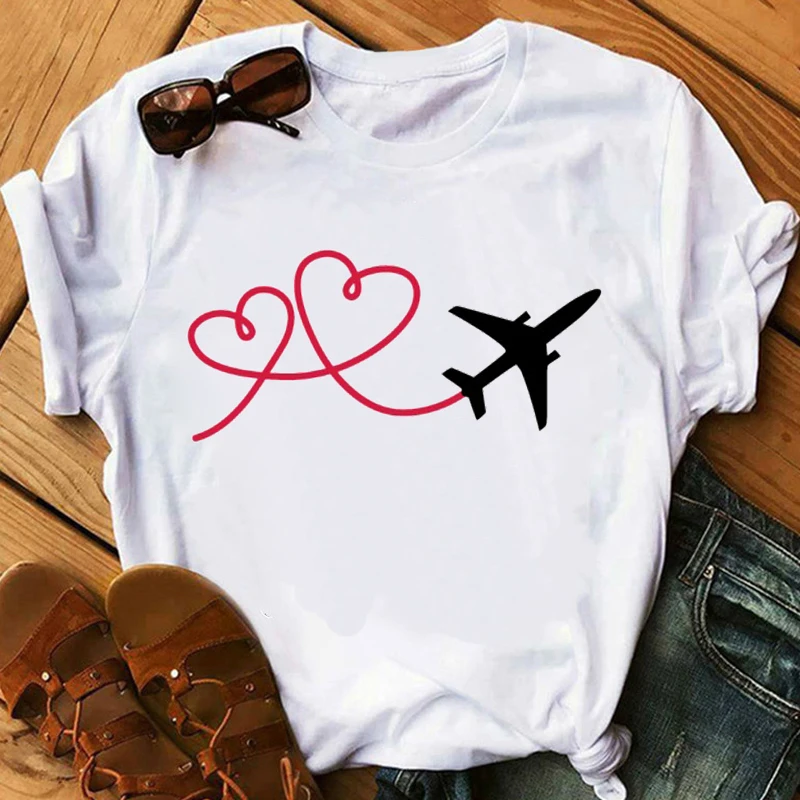 Tshirt srčkan letalo letalec s srcem tiskanja grafika majice s kratkimi rokavi ženske tees goth vrhovi majica ženska oblačila estetska oblačila