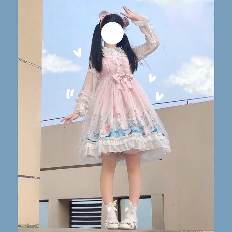 Japonski Angel Ljubezni, Tiskanje Visoko Pasu Ruffles JSK Zanko Obleko za Ženske Poletje kawaii oblačila sweet Lolita obleko srednjeveško obleko