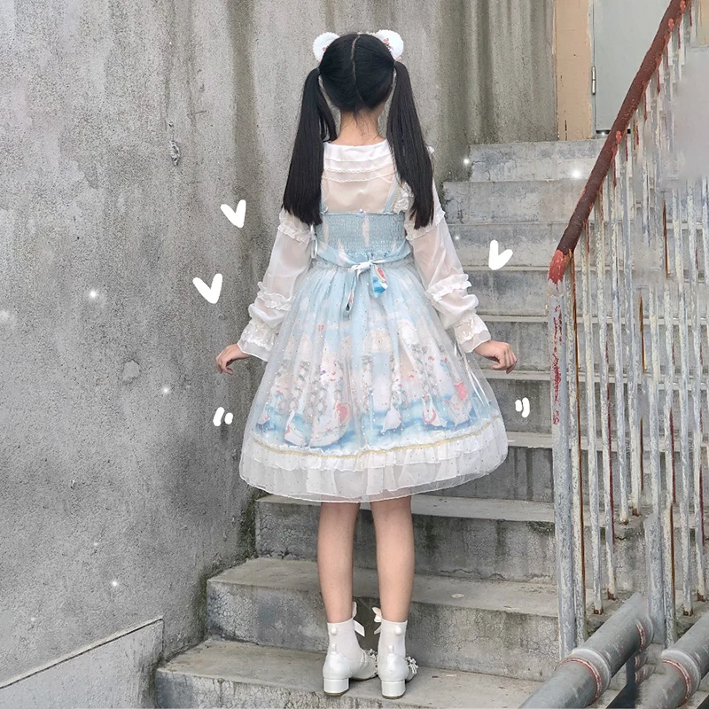 Japonski Angel Ljubezni, Tiskanje Visoko Pasu Ruffles JSK Zanko Obleko za Ženske Poletje kawaii oblačila sweet Lolita obleko srednjeveško obleko