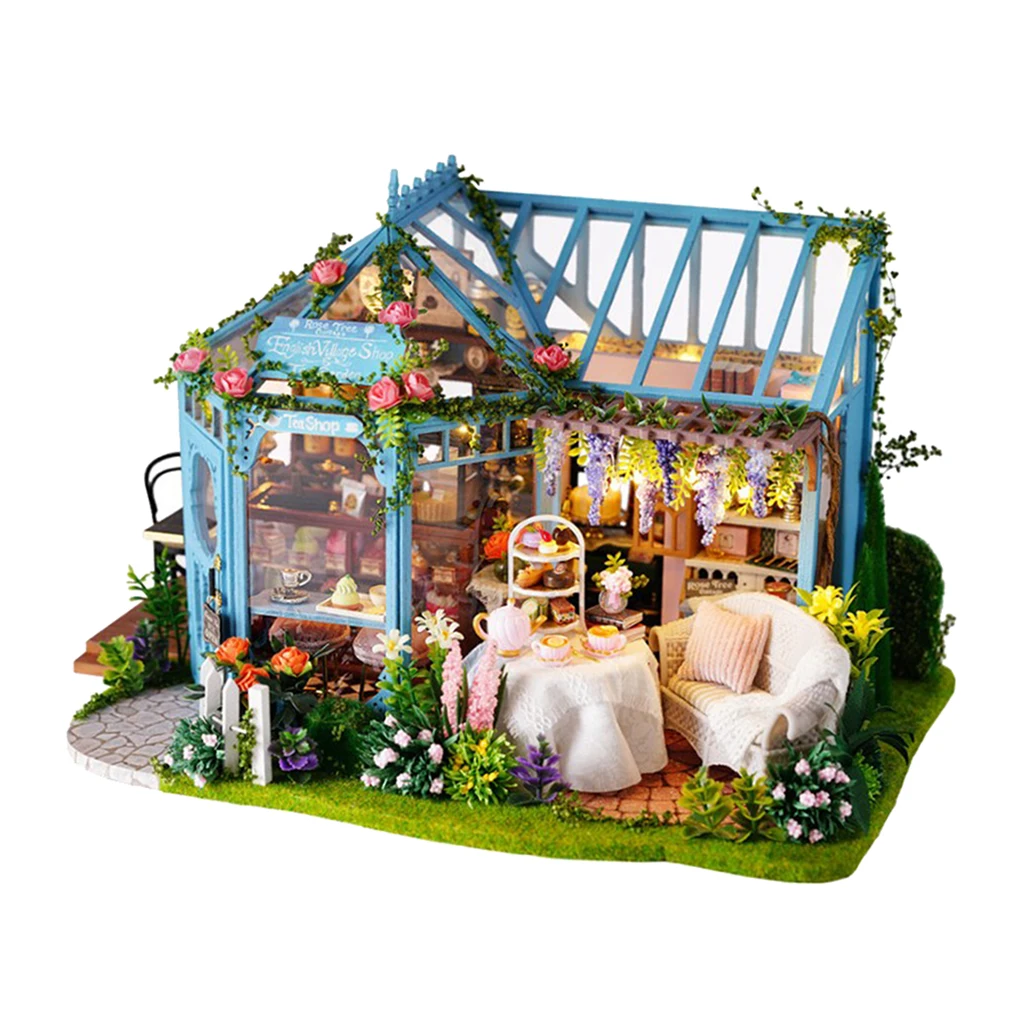 Miniaturni DIY Lutke Kit Čaj Hiša s Pohištvom, LED Luči, Obrti Darilo