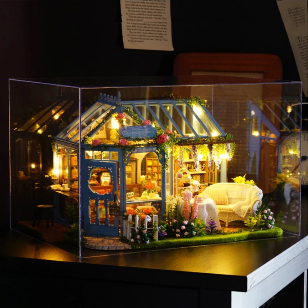 Miniaturni DIY Lutke Kit Čaj Hiša s Pohištvom, LED Luči, Obrti Darilo