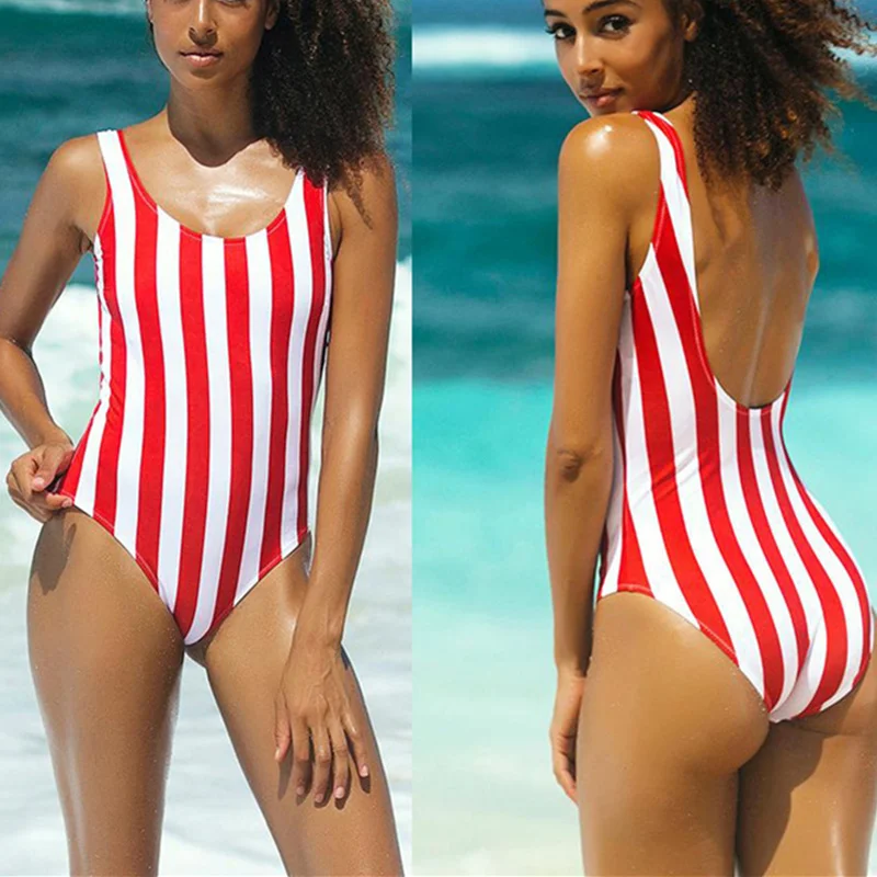 Ženske Črtaste Kopalke Rdeče Belo Push Up En Kos Kopalke Seksi Backless Slim High Cut Kopalke Beach Wear Ženske Monokini