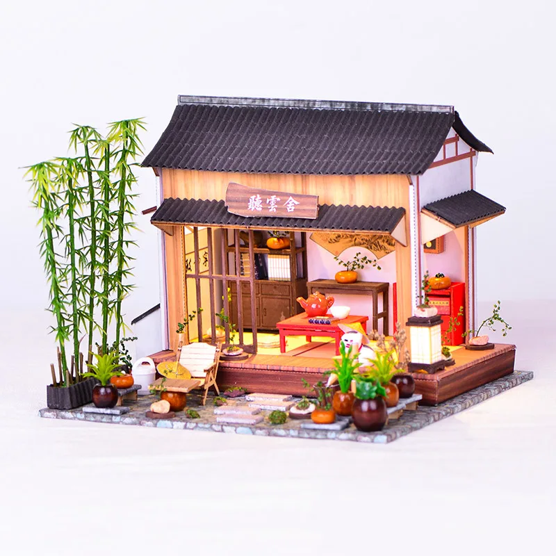 DIY Tingyun Teahouse Lesene Lutke Miniaturnega Pohištva Z LED Kompleti Lutka Hiše Zbrati Igrače Otrok Božično Darilo Casa