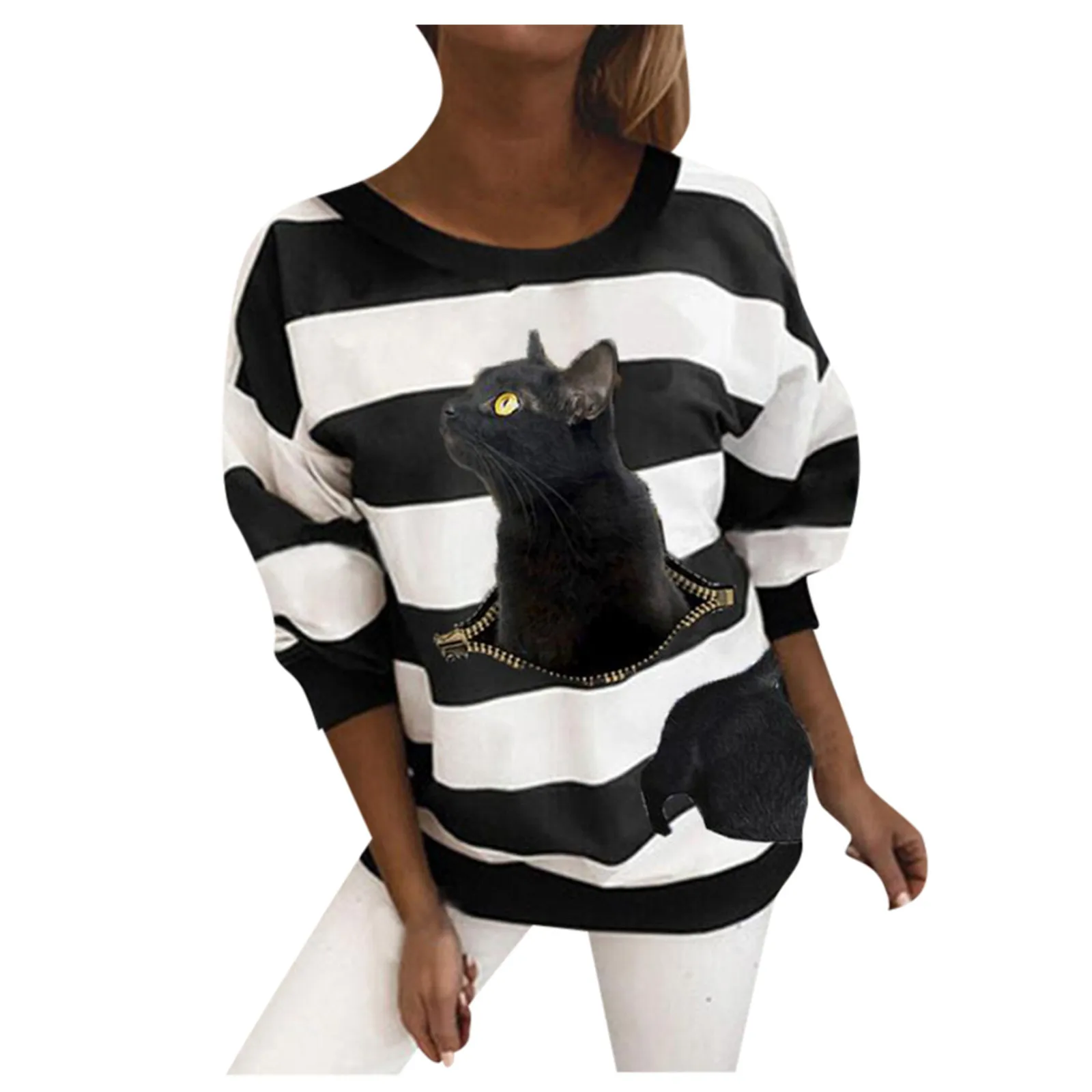 Ženske T srajce Osebno Pozimi Black Cat Vzorec Dolg Rokav Hoodie Toplem Puloverju Plus Velikost Dame Vrh Dihanje Ropa Mujer