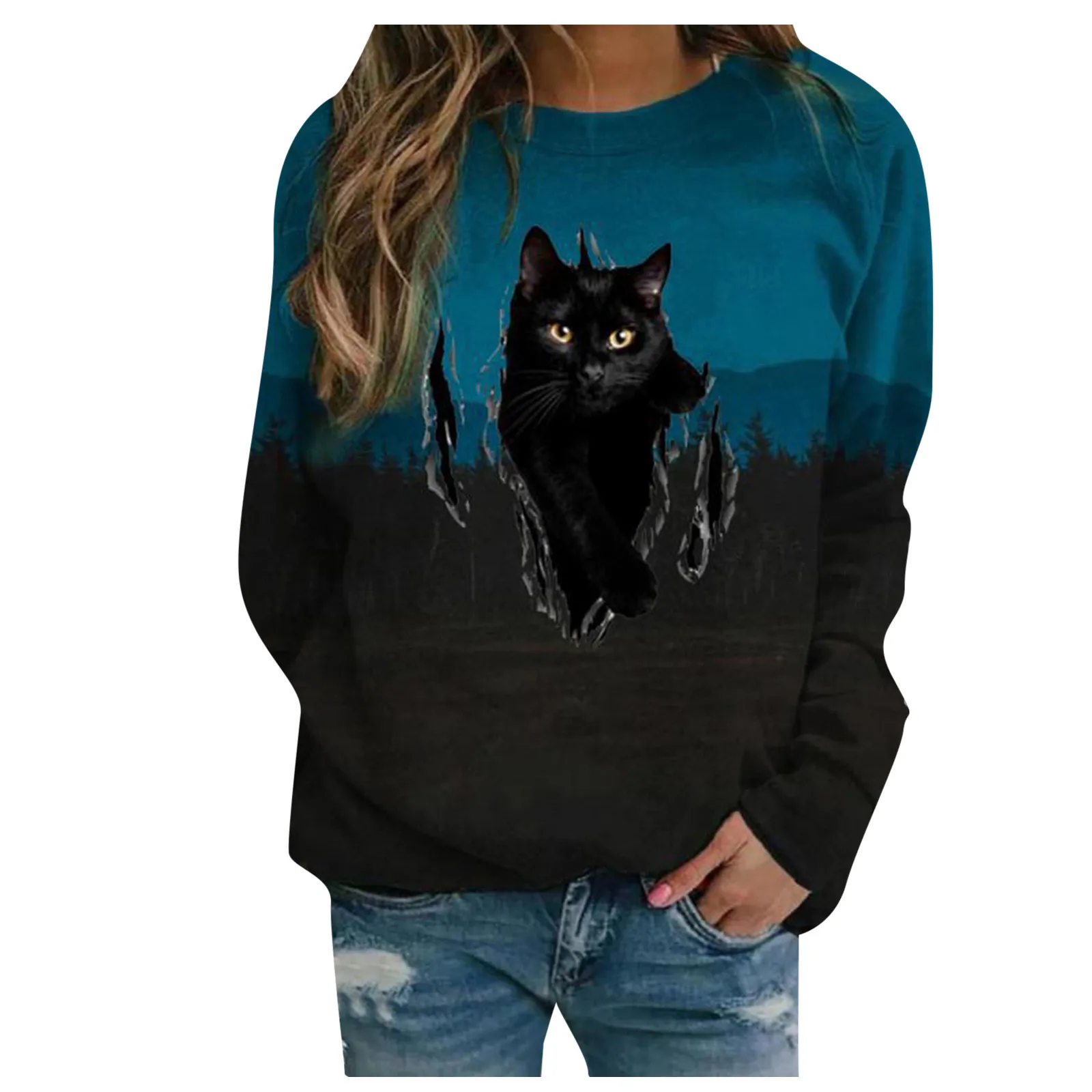 Ženske T srajce Osebno Pozimi Black Cat Vzorec Dolg Rokav Hoodie Toplem Puloverju Plus Velikost Dame Vrh Dihanje Ropa Mujer