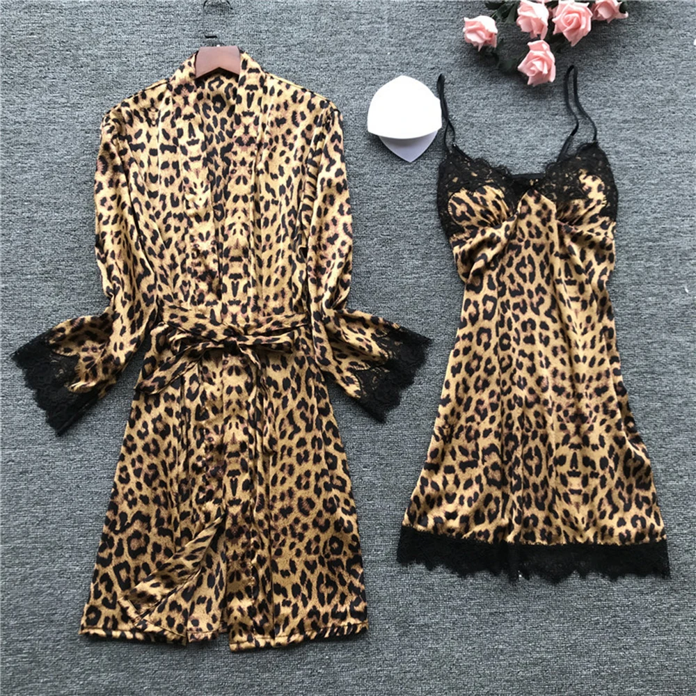 Seksi Čipke Špageti Saten Trak Pižamo Določa Ženske Leopard Sleepwear Svile Domov Nositi Pijama Spanja Salon Pyjama More