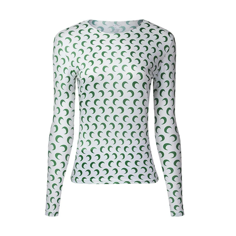 Ženske T-shirt Jeseni Dolg Rokav T Shirt Moda Luna Tiskanja Seksi Kratke Tshirt Elegantno Vrhovi 2020 Tee Majica ženska Oblačila