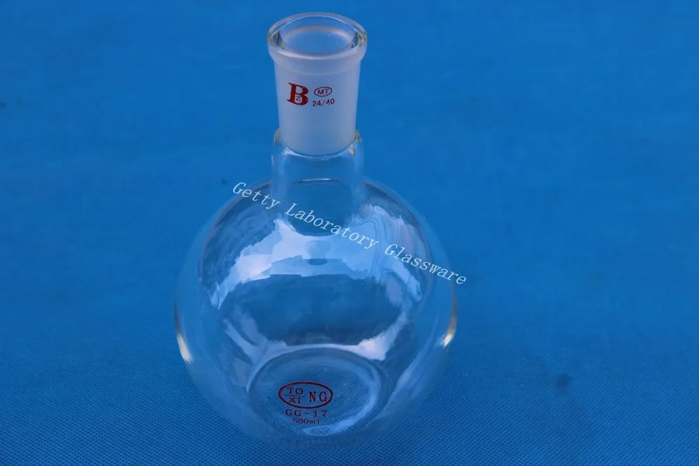 Ravno dno bučko, enotni vratu,500 ml, skupno 24/40, debele stene (Borosilicate stekla 3.3)