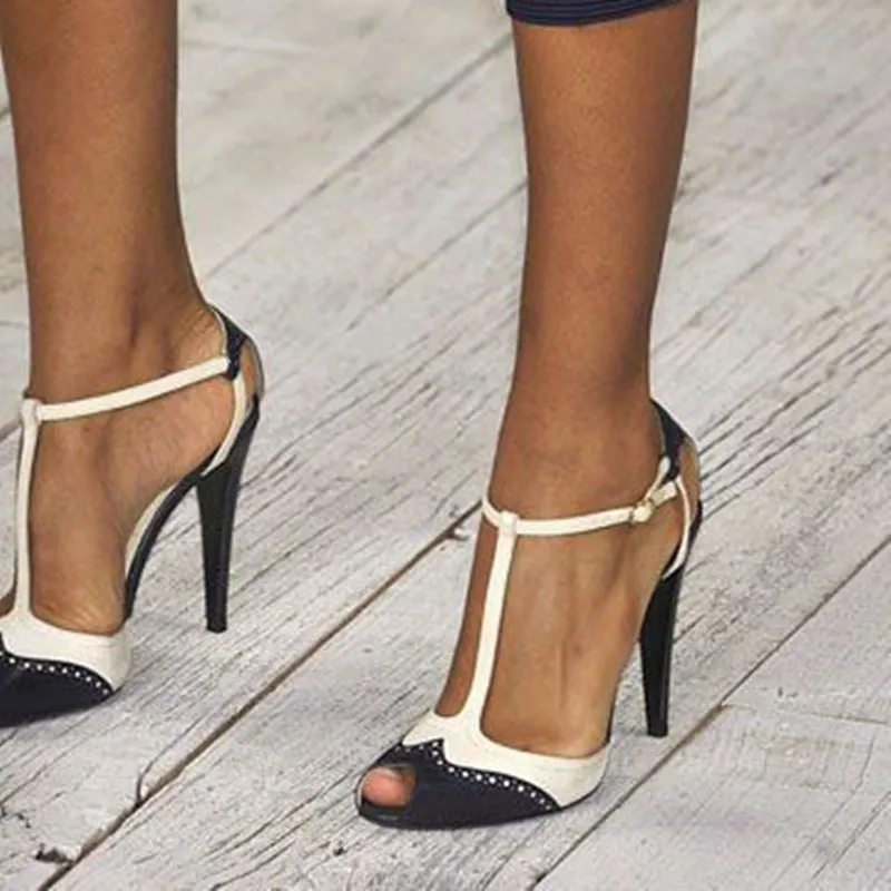 GOOFLORON NOVE,Ženske sandale, moda , črni in beli PU, sponke, 11 cm stiletto petah, velikost :34-45