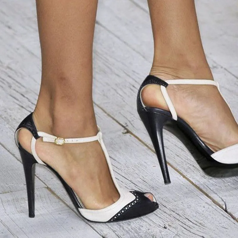 GOOFLORON NOVE,Ženske sandale, moda , črni in beli PU, sponke, 11 cm stiletto petah, velikost :34-45