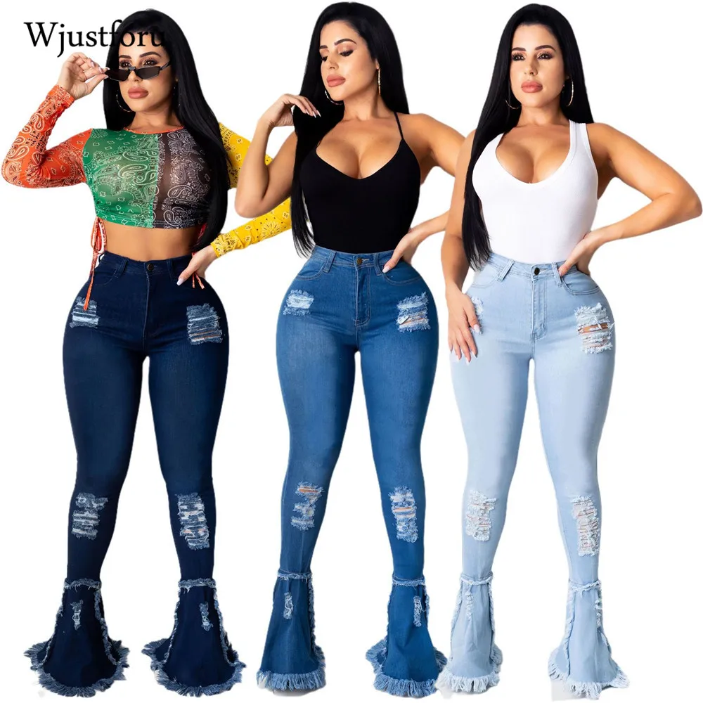 Wjustforu Ripped Kavbojke Za Ženske Tassel Luknjo Mozaik Flare Hlače Priložnostne Visoko Pasu Modni Jeans Hlače Jeseni Leta 2020 Ženske Hlače