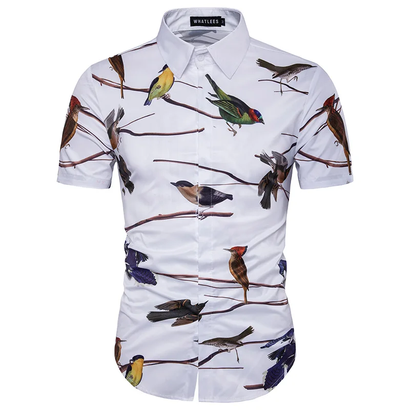 Moda Ptica Natisnjeni Hawaiian Rokavi Moški 2020 Poletje Slim Fit Kratek Rokav Plaži Shirt Mens Priložnostne Znamke Srajce Camisas Hombre