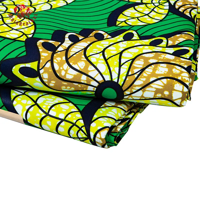 Afriške Tkanine Vosek Tiskanja Poliester Zeleno Ozadje Tkanine za Šivanje Cvetje Vosek Pravi Material za Stranko Obleko FP6364
