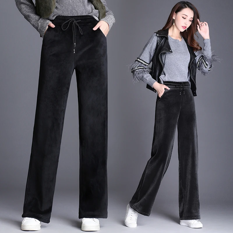Vintage 2020 pozimi toplo runo debele ženske hlače ženske visok pas širok noge hlače capris za ženske hlače, ženska, Plus velikost
