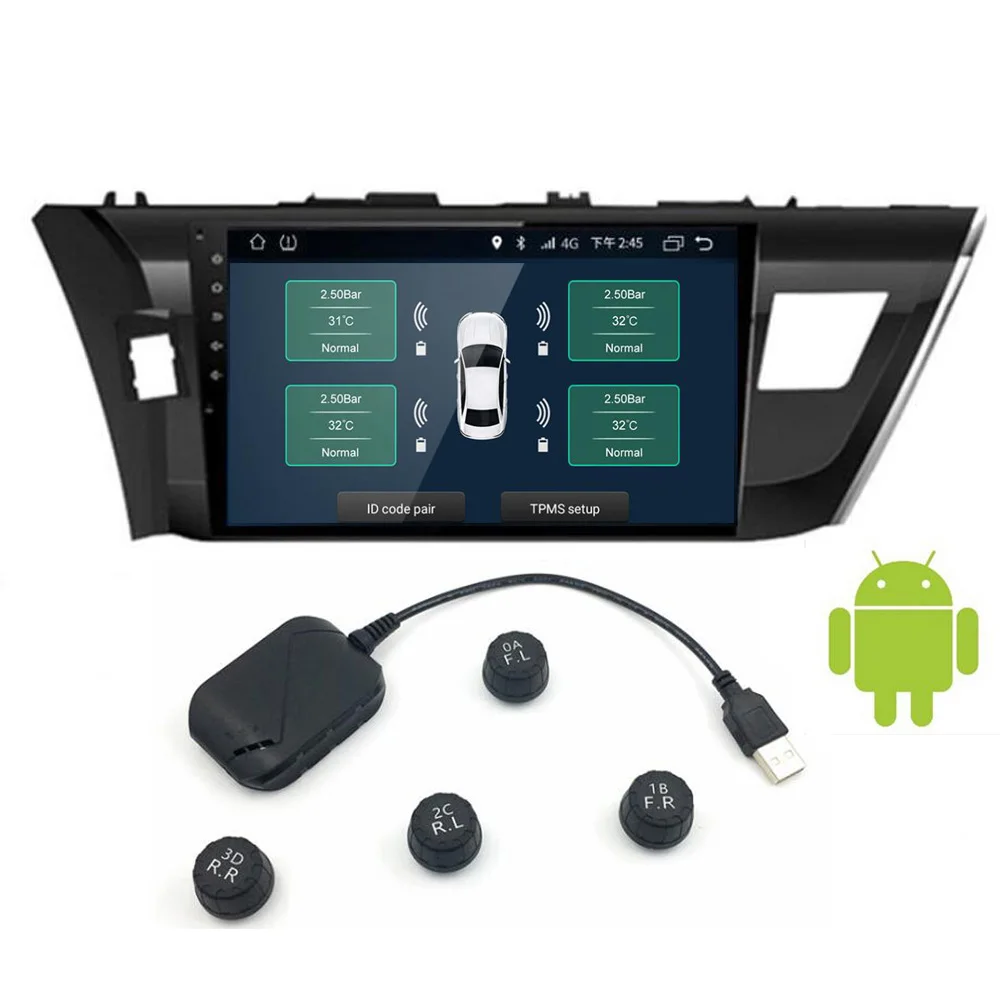 USB Android TPMS Avto Tlaka v Pnevmatikah Monitor s 4 Zunanji Senzorji za Spremljanje Alarmni Sistem, 5V Brezžični