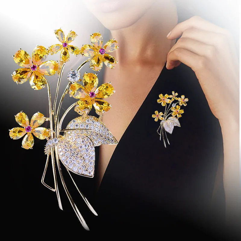 OKILY Nežno Rumeno Cirkon Cvet Broške Moda Rastlin Šopek Broška Pin Obleko Pribor za Ženske Poročno Obleko Ornament
