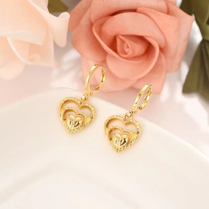 18 k Trdni Zlato GF Twin srce cvet ženske, Nakit Sklopov Evropi bridals Poročni nakit Darilo Dubaj pendnat uhani diy čare