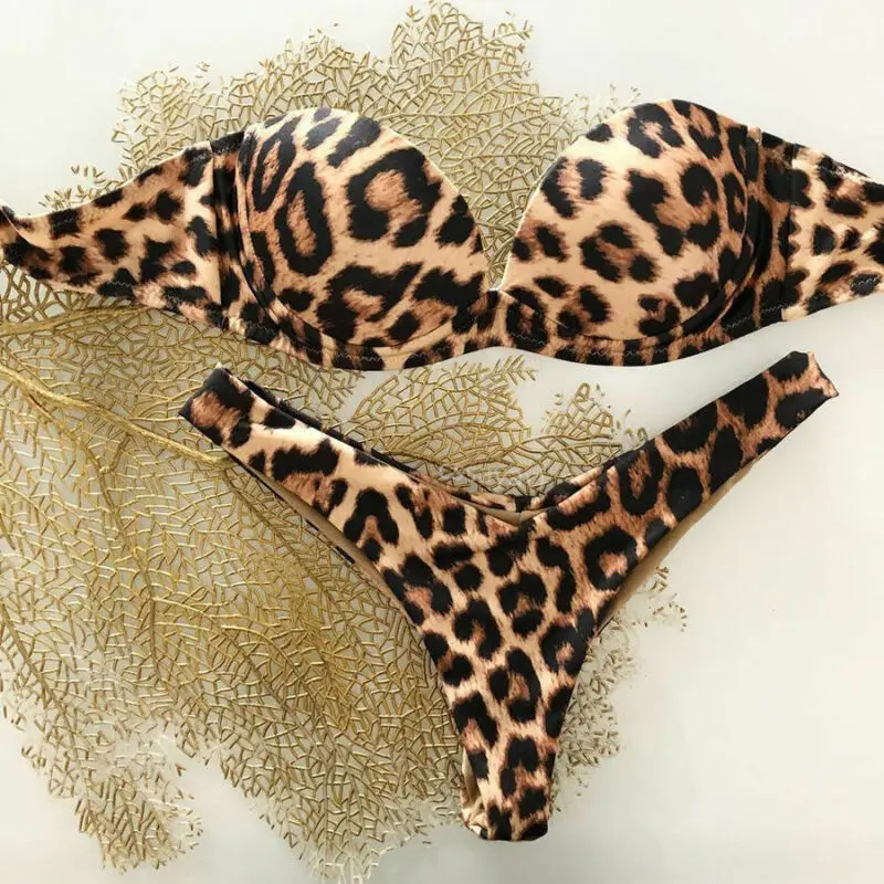 Ženske Zlato Seksi Povoj 2pc Bikini Komplet Push-Up Leopard Tiskanja Visoko Pasu Plaži Kopalke Bandeau Podložen Modrček, kopalke, Kopalke