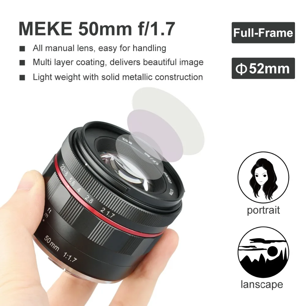 Meike MK 50 mm f1.7 Velike Zaslonke, Ročno Ostrenje Objektiv za Sony E-mount A6000 A6500 A6300 A5100 A5000 NEX7 Kamere z Full Frame