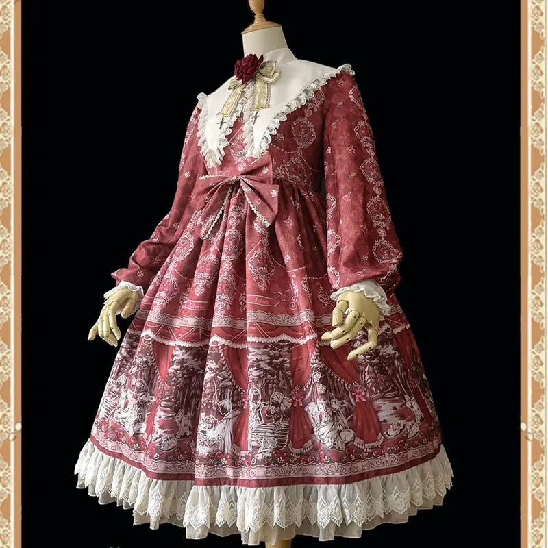 Zastrupljeno Jabolko ~ Vintage Dolg Rokav Natisnjeni Lolita Obleko za Infanta