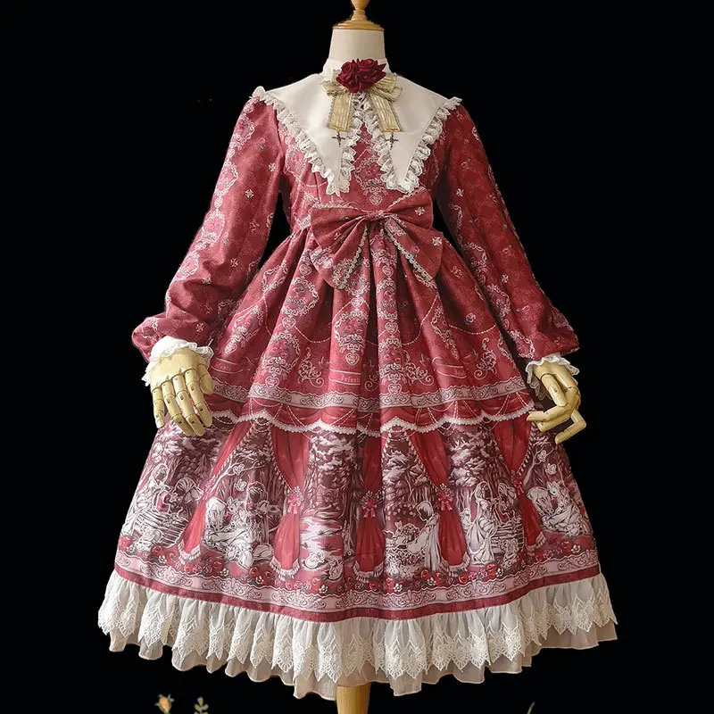 Zastrupljeno Jabolko ~ Vintage Dolg Rokav Natisnjeni Lolita Obleko za Infanta