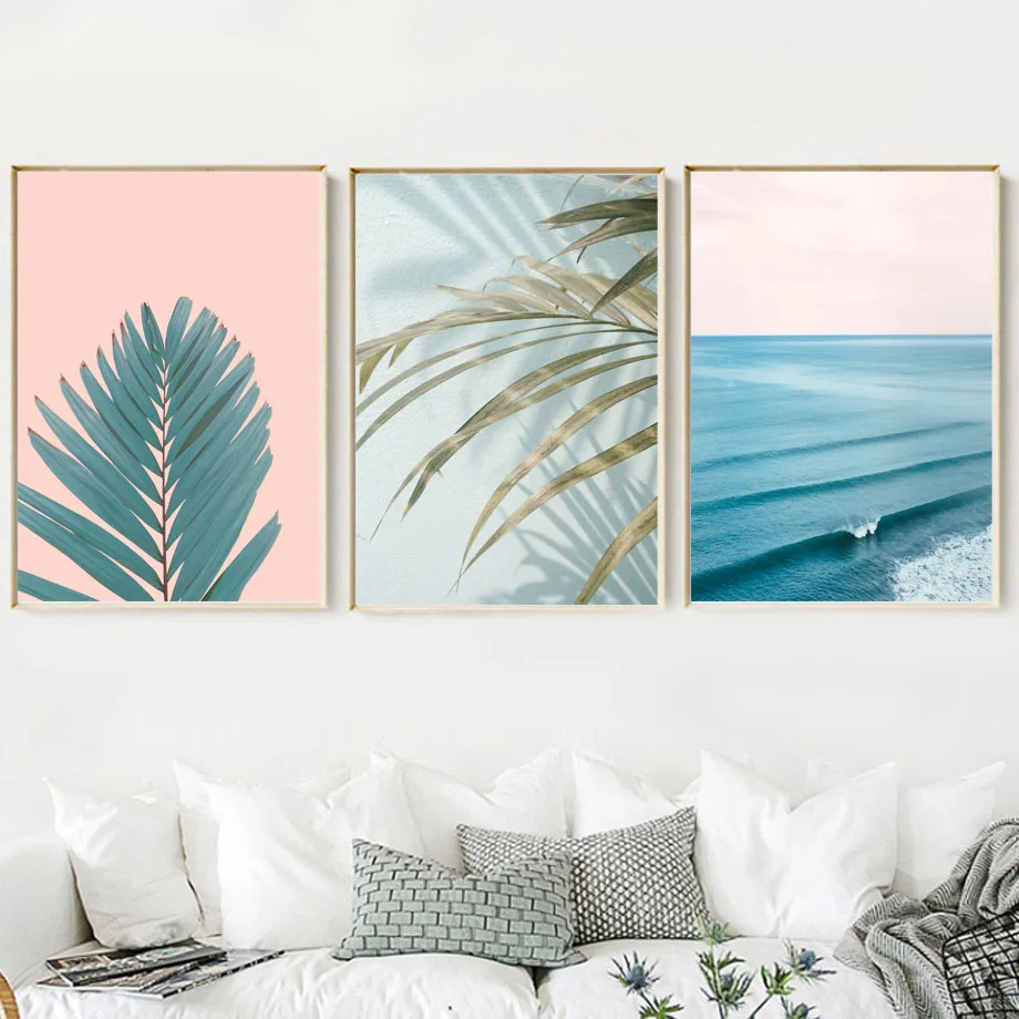 Akvarel Palm Listi Modro Morje Krajine Wall Art Platno Slikarstvo Nordijska Plakatov In Fotografij Stenske Slike Za Dnevna Soba Dekor