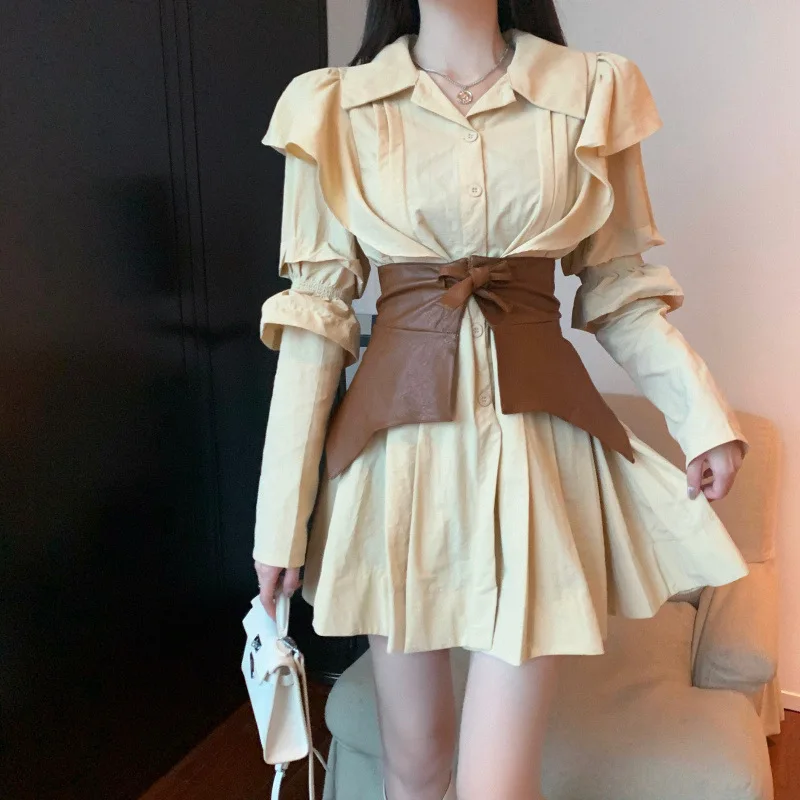 Moda za Ženske Shirt Obleko Long Sleeve Solid Plus Velikost Chic Lady korejski Obleke Ruffles Vestidos s Pasom Dropshipping