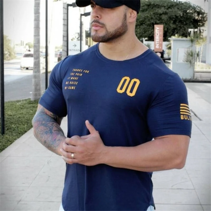 Moda za moške Majica s kratkimi rokavi Moški Vrhovi Poletje Bodybuilding, Fitnes Oblačila Mišice Moške Srajce Bombaž Slim Fit Tees