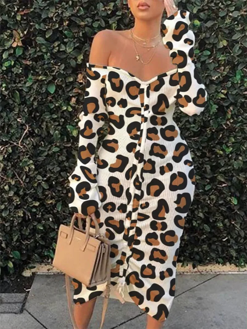 CHRONSTYLE Spredaj Čipke-up Sexy Povoj Ženske obleke Leopard Tiskanja Poševnica Vratu Dolgo Flare Rokav Klub Stranka Sodijo Off Rami Obleko