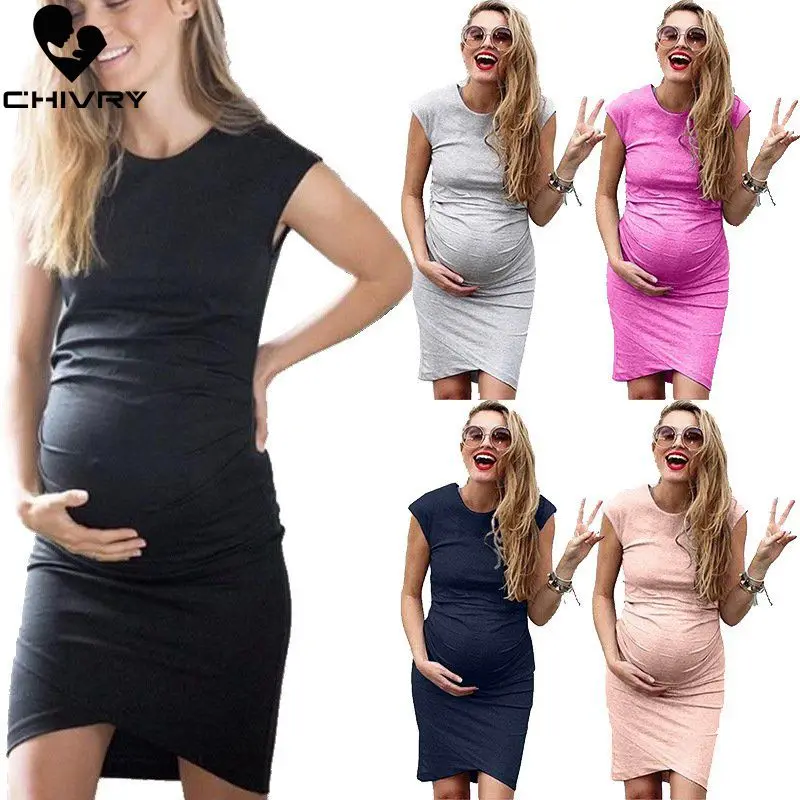 Novo leto 2020 Ženske Poletje Porodniškega Obleko brez Rokavov Nosečnosti Obleko Trdna O-vratu Bodycon Obleko Ustvarjalne Noseče Ženske Obleke