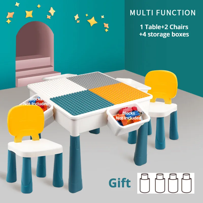 Mutifunction igrače Igra miza+Stol set za gradnik igranje z škatla za shranjevanje Novo Leto Darilo za Majhne Otroke
