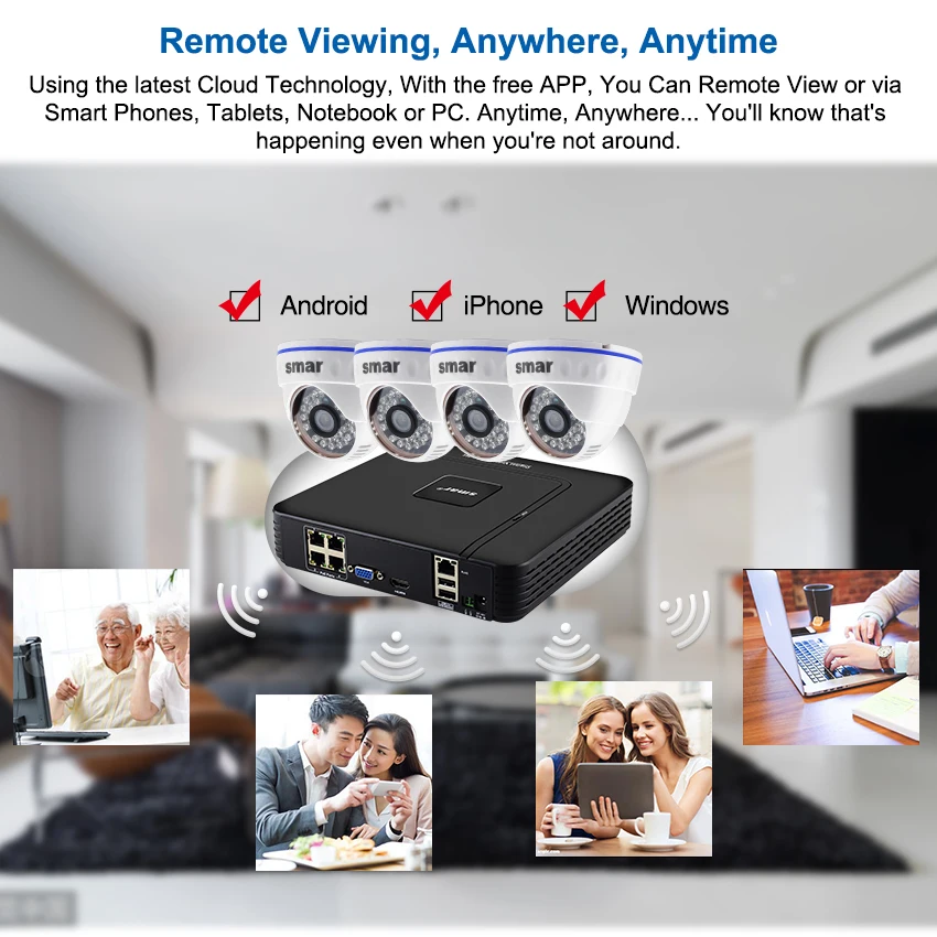 Klečeplazen Domov Nadzor Sistema 4CH 1080P POE 48V NVR CCTV Kit 4PCS 2MP 20FPS Dome Notranja IP Kamera PoE NVR Kit CCTV Sistema