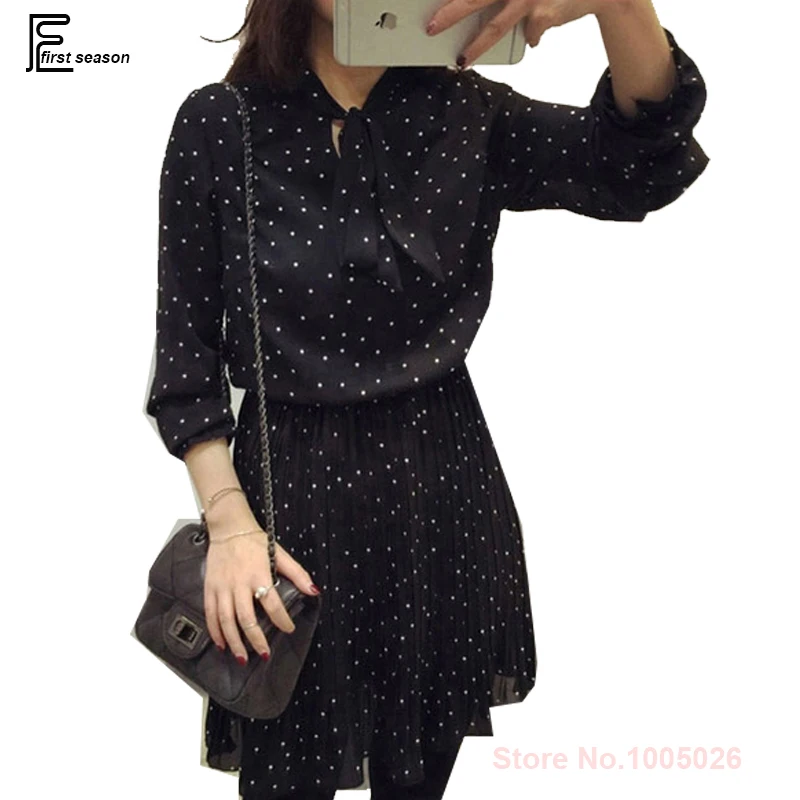 Plus Velikost Obleke Nov Prihod 2019 Vroče Prodaje Korejskem Slogu Žensk Vitek Pas Priložnostne Svoboden Polka Dot Black Šifon Obleko, Kravato Loka